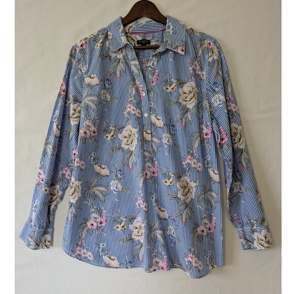Talbots Womens Blue Spring Floral‎ Stripe Pop Over Blouse Size XLP Long Sleeves - Picture 1 of 6